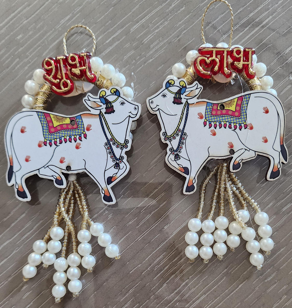 Pichwai Handmade Cow Shubh-Labh Hanging: Diwali Mandir Decor.