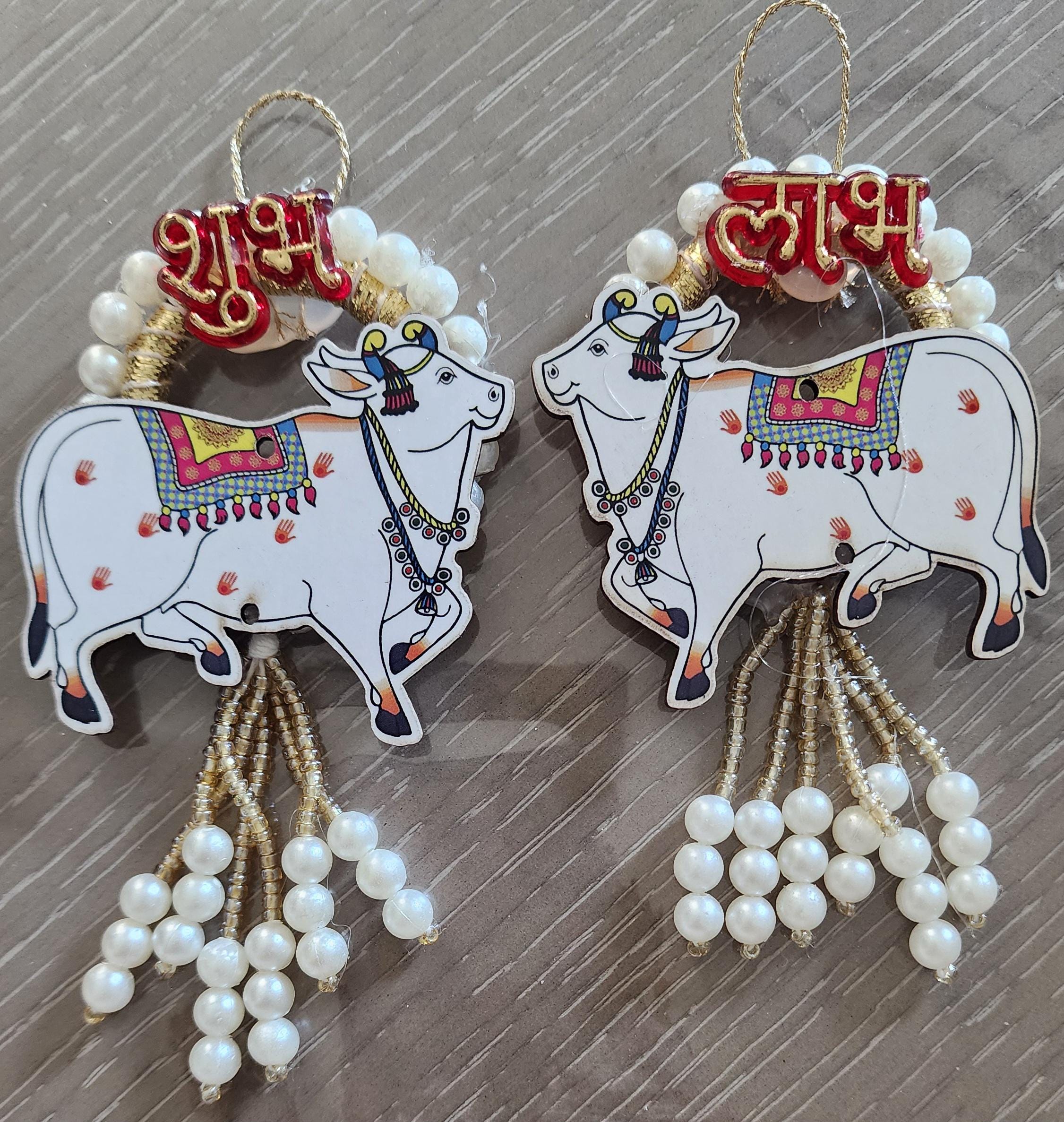 Pichwai Handmade Cow Shubh-Labh Hanging: Diwali Mandir Decor.