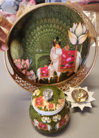 Pichwai Art Metal Tray Set: Nandi Cow Design, Jar & Diya