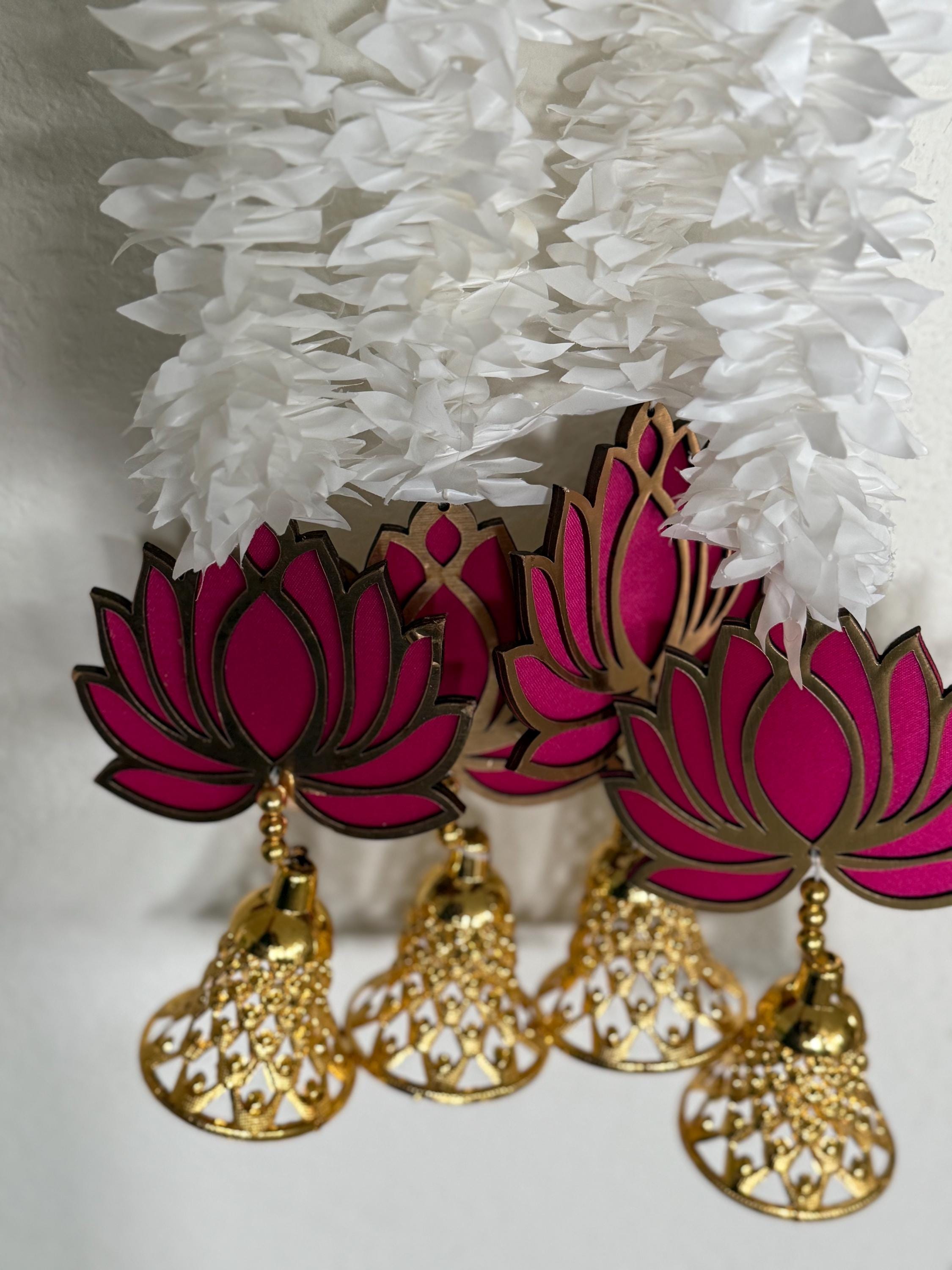 Pink Lotus Garland with Bells: Indian Wedding Diwali Decor.