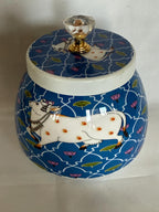 Pichwai Art Jar: Nandi Cow & Peacock Design, Copper Home Decor.