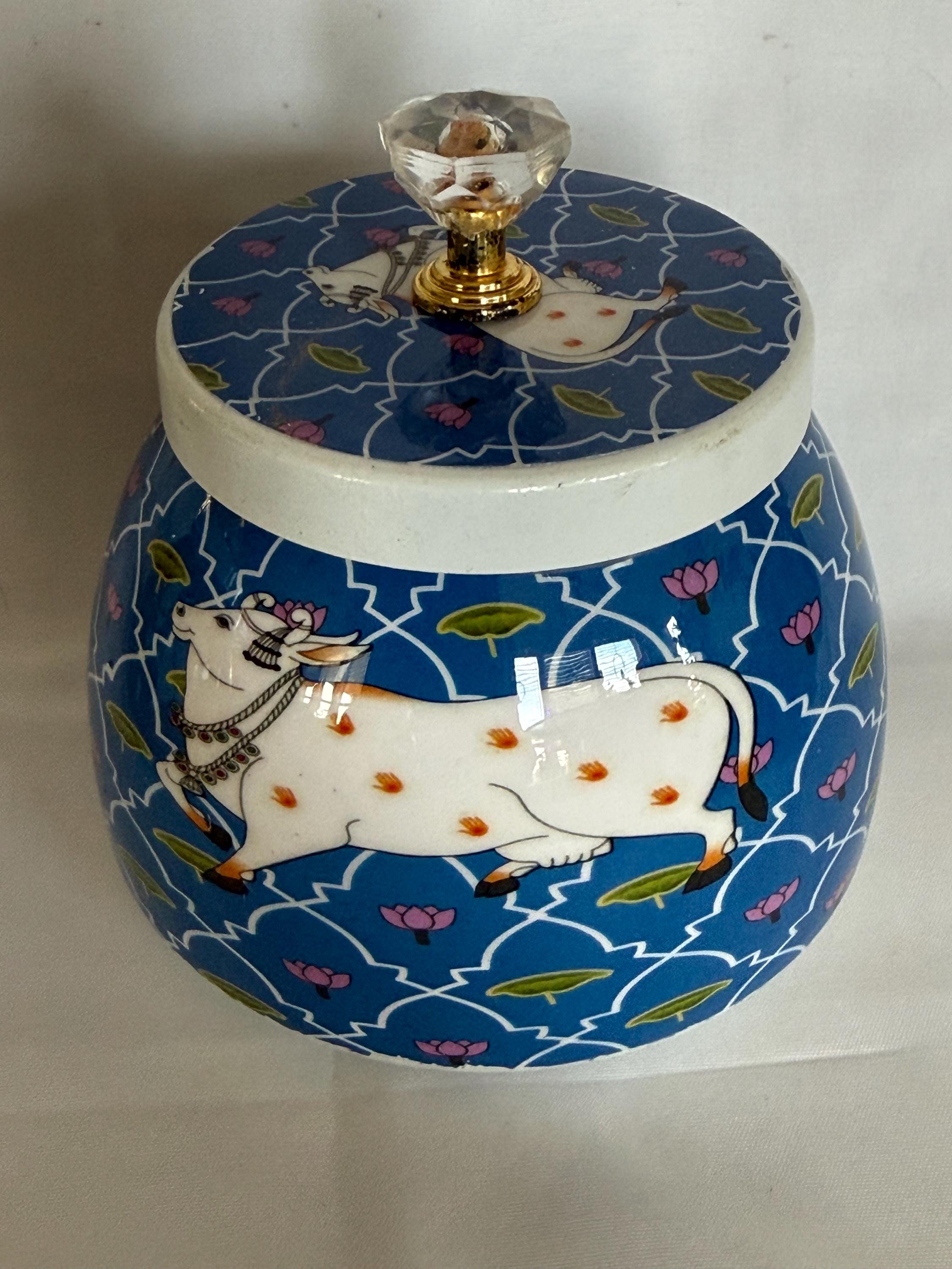 Pichwai Art Jar: Nandi Cow & Peacock Design, Copper Home Decor.