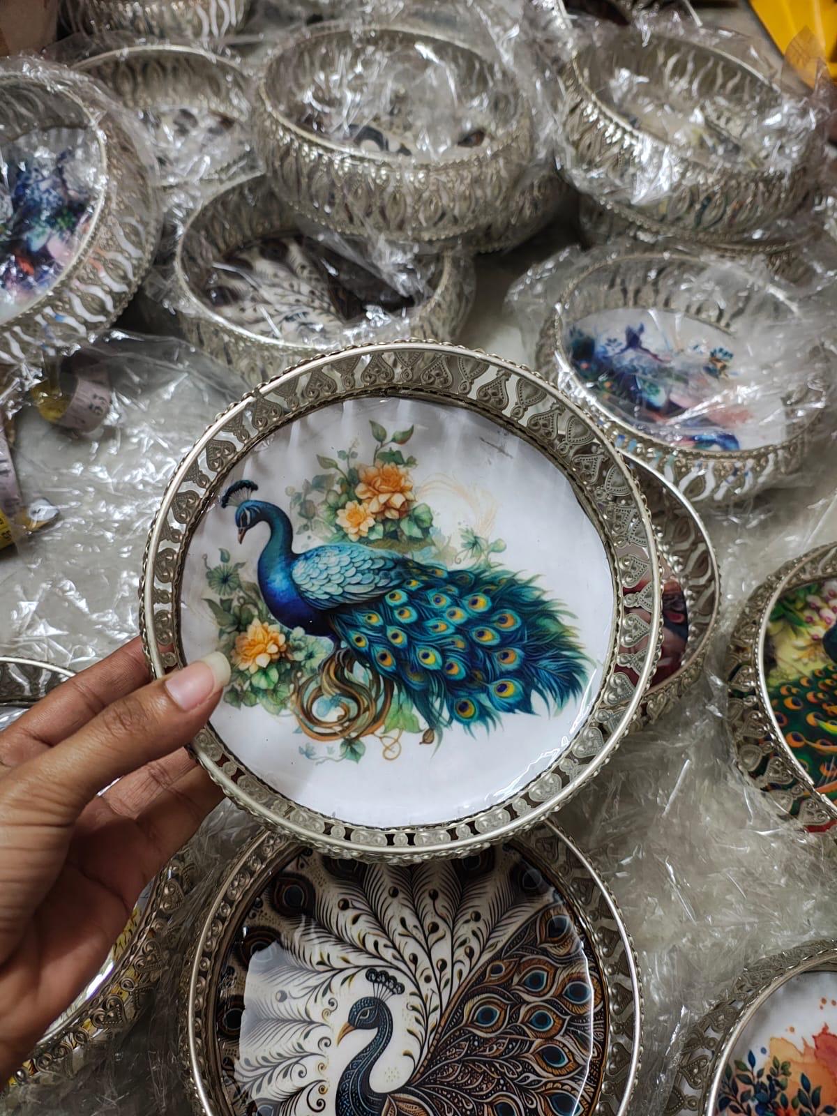 Peacock Decor German Silver Tray: 6 Inch Pooja Thali