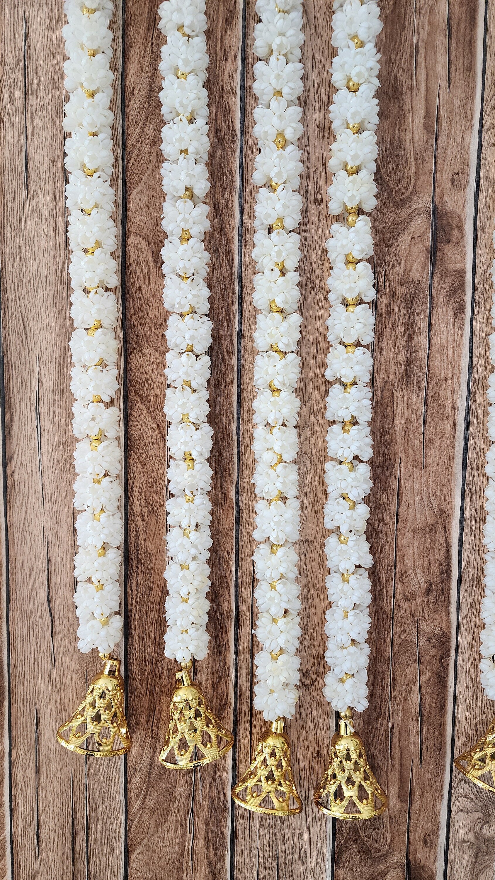 Mogra Bell Garland: White & Gold Artificial Flower String (Pack of 8)
