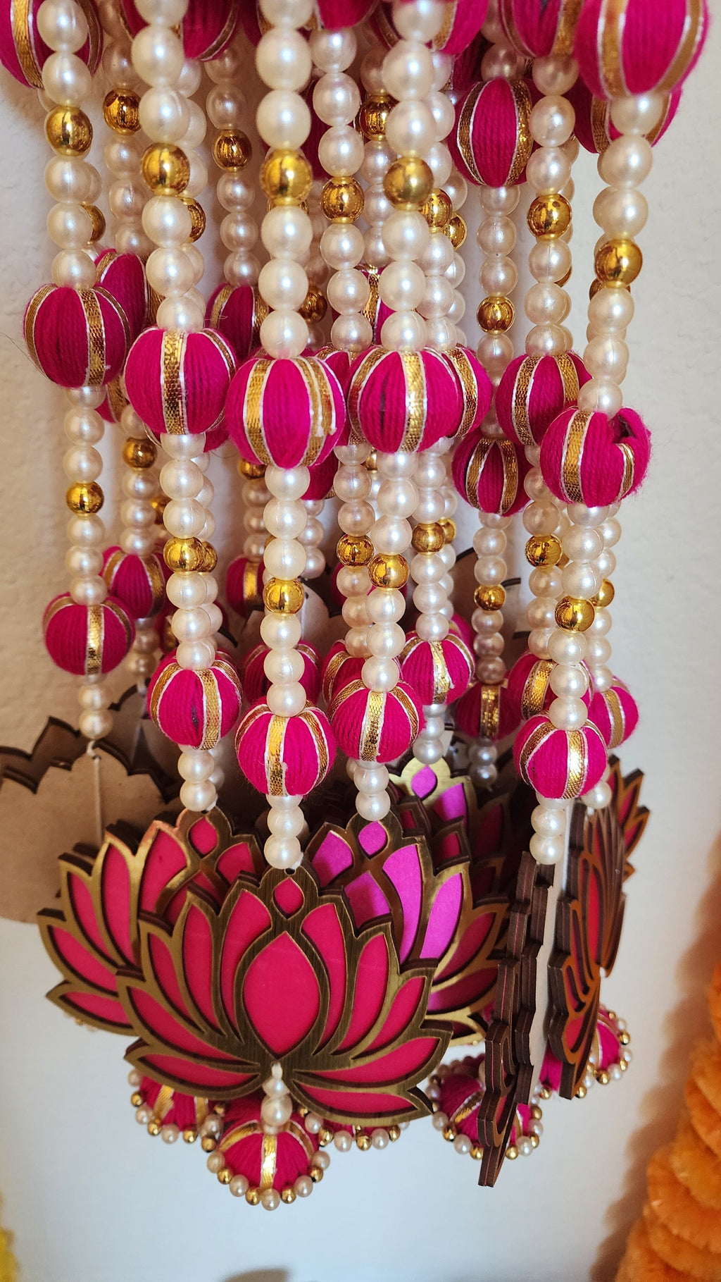 Pink Lotus Garland with Pearls Handmade Indian Wedding Hanging Mala - 24/30 inch