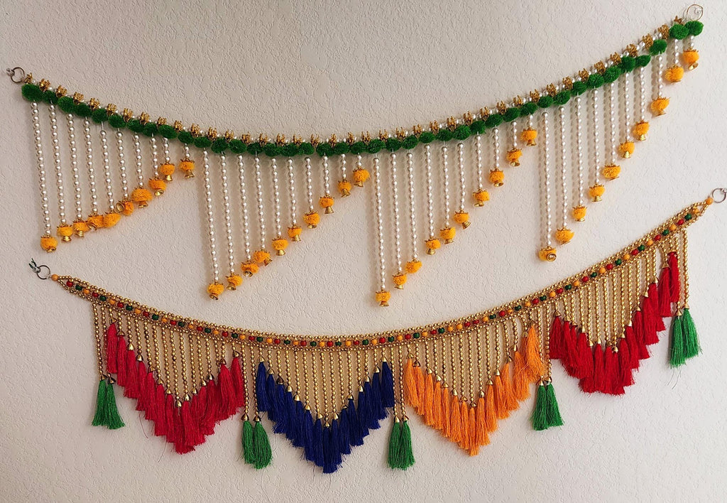 Handmade Indian Toran: Silk Pearl Door Hanging, Traditional Decor (41x12 inch)