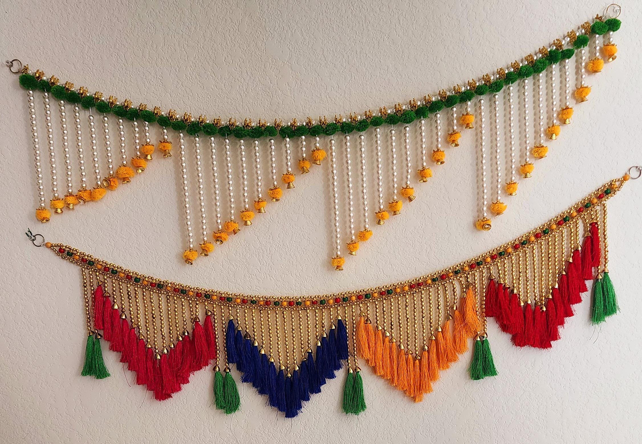 Handmade Indian Toran: Silk Pearl Door Hanging, Traditional Decor (41x12 inch)