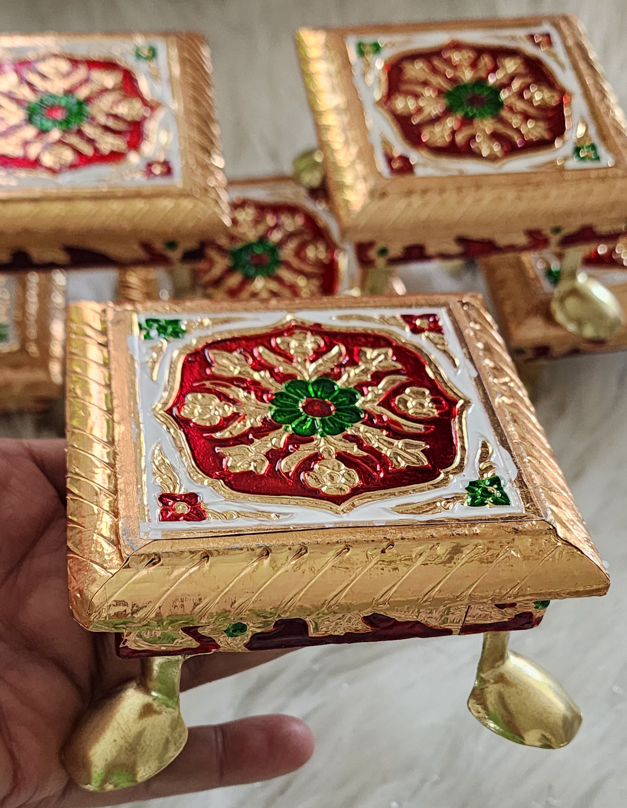 Meenakari Handmade Wooden Chowki: Pooja Stool Table for God Idols.
