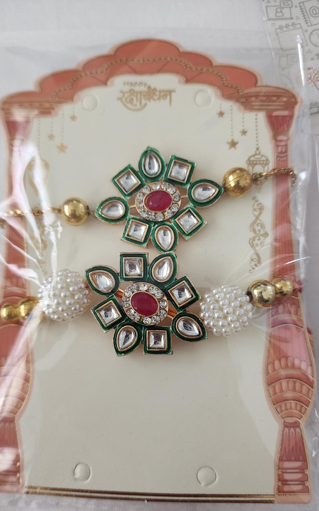 Handmade Kundan Rakhi Set: Pearl Chain Couple Rakhsha Bandhan