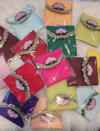 Set of 5 Handcrafted Lotus Pouches: Colorful Diwali Wedding Favors.