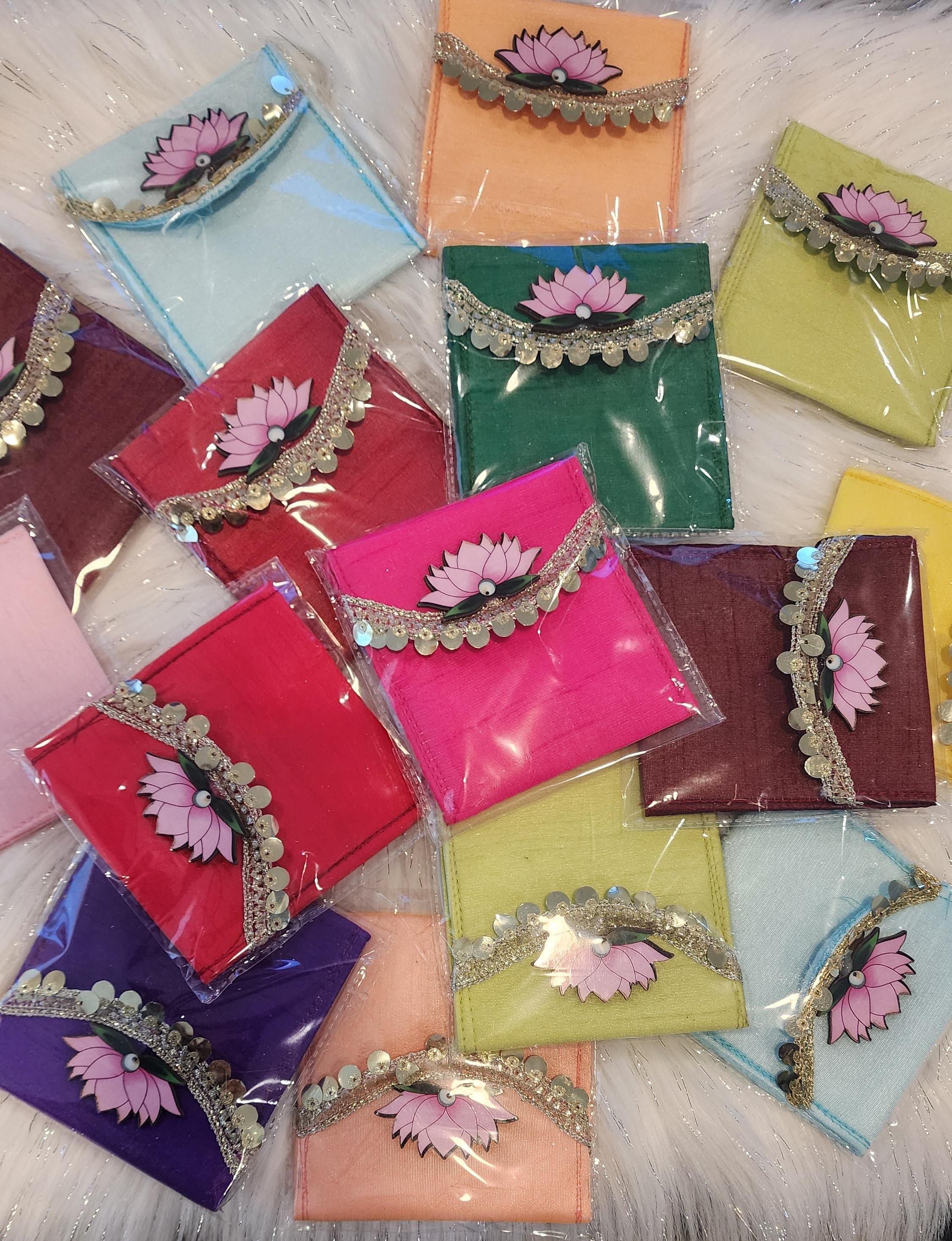 Set of 5 Handcrafted Lotus Pouches: Colorful Diwali Wedding Favors.
