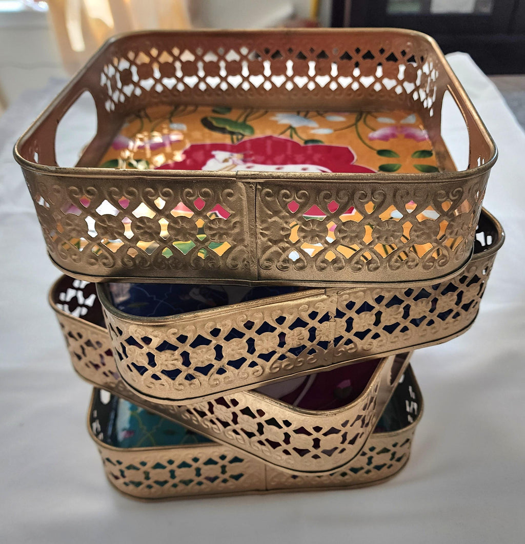 Pichwai Handmade Art Metal SquareTray Nandi Cow Design, Gift Favor.