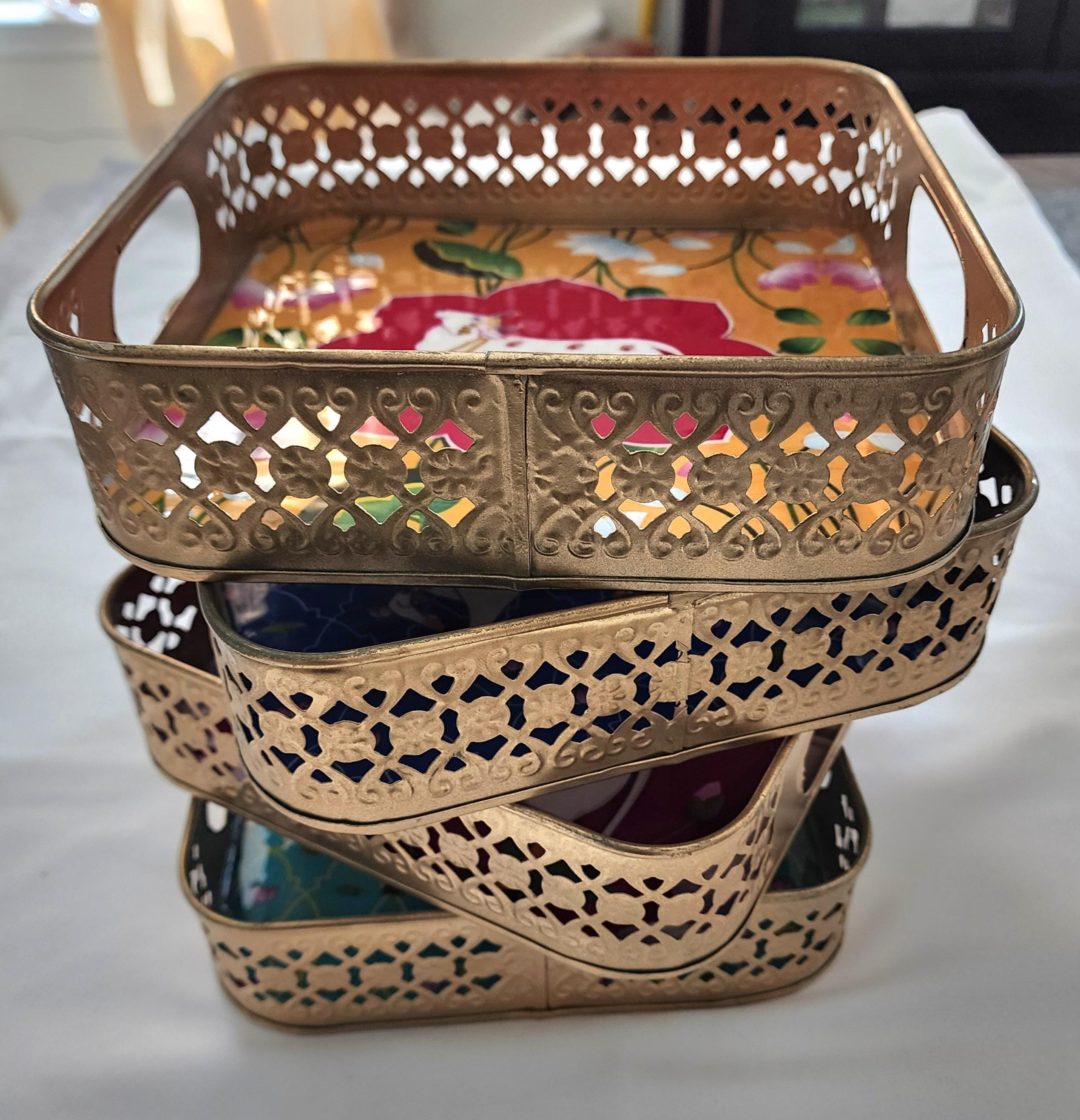 Pichwai Handmade Art Metal SquareTray Nandi Cow Design, Gift Favor.