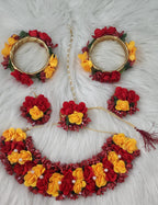 Floral Haldi Mehandi Jewelry Set: Necklace, Earrings, Maang Tikka & Hand Gajra