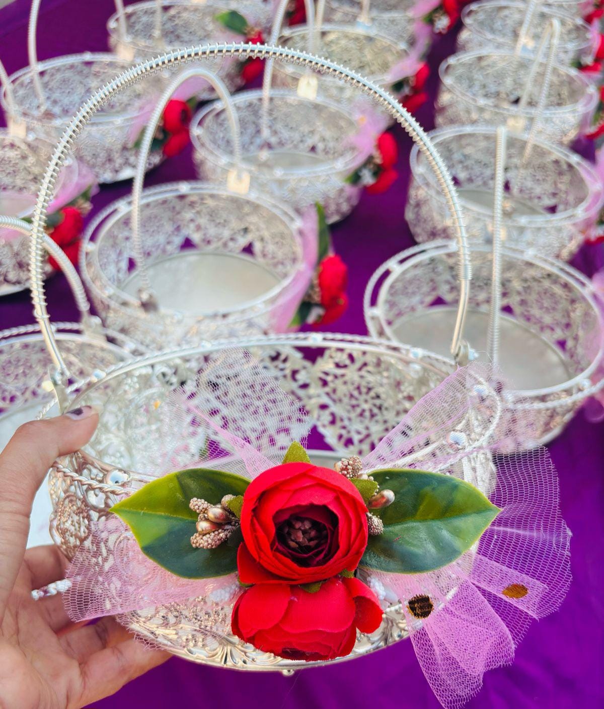 Handmade Flower Decor German Silver Tray with Handle - 8 Inch Pooja Thali