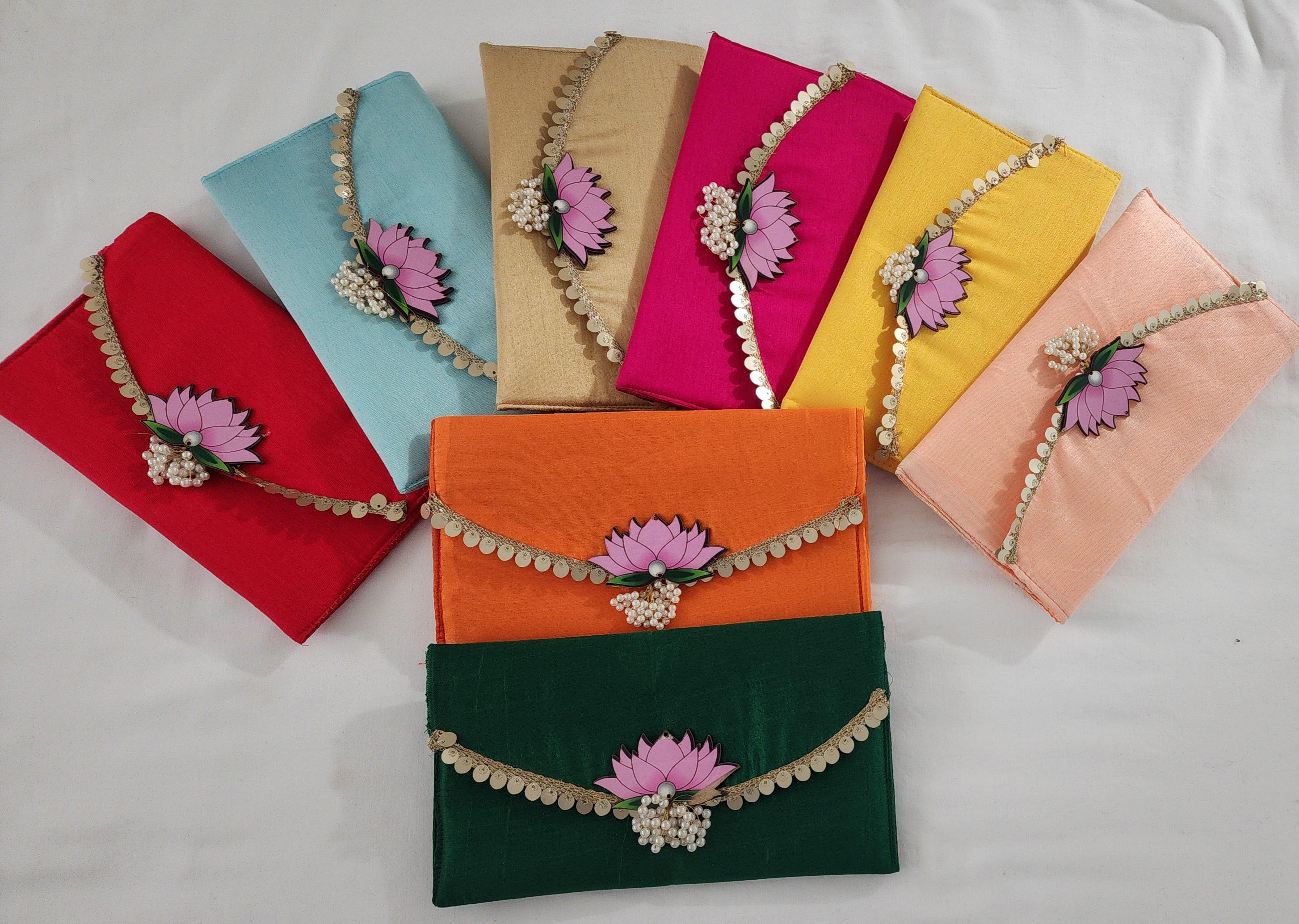 Handcrafted Clutch Purse: Indian Wedding Favor Bag with Lotus & Pearl