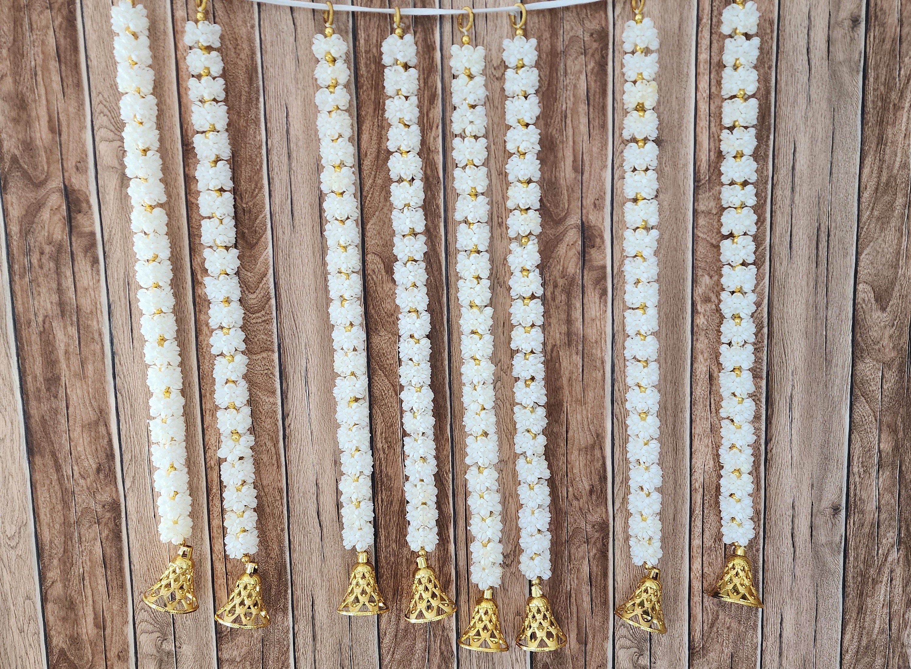 Mogra Bell Garland: White & Gold Artificial Flower String (Pack of 8)