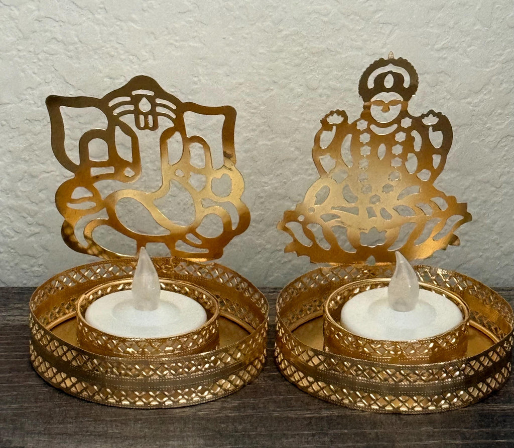 Gold Metal Shadow Diya Set: Ganesh & Lakshmi Indian Candle Holders