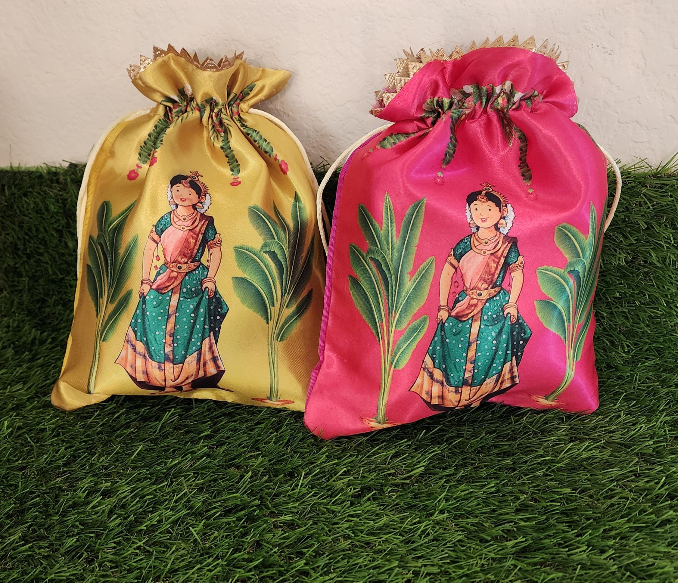 Silk Potli Bags: Haldi Mehndi Wedding Favor Gift Bags.