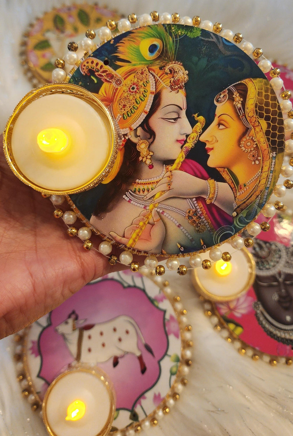 Handcrafted Ganesh, Krishna, Cow Tea Light Holder: Diwali Decor