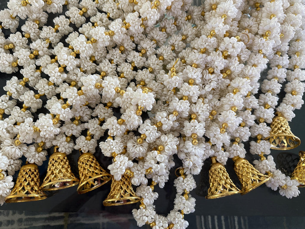 Mogra Bell Garland: White & Gold Artificial Flower String - Diwali Wedding Decor