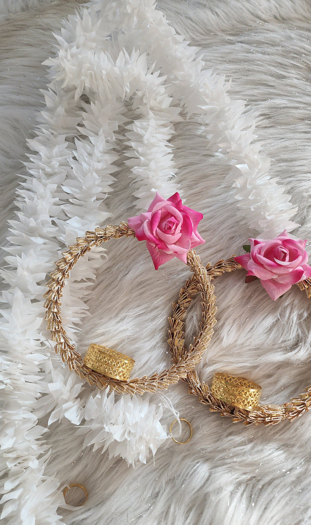 Handmade Pink Rose Garland with Golden Ring: Indian Wedding Diwali Decor.