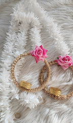 Handmade Pink Rose Garland with Golden Ring: Indian Wedding Diwali Decor.