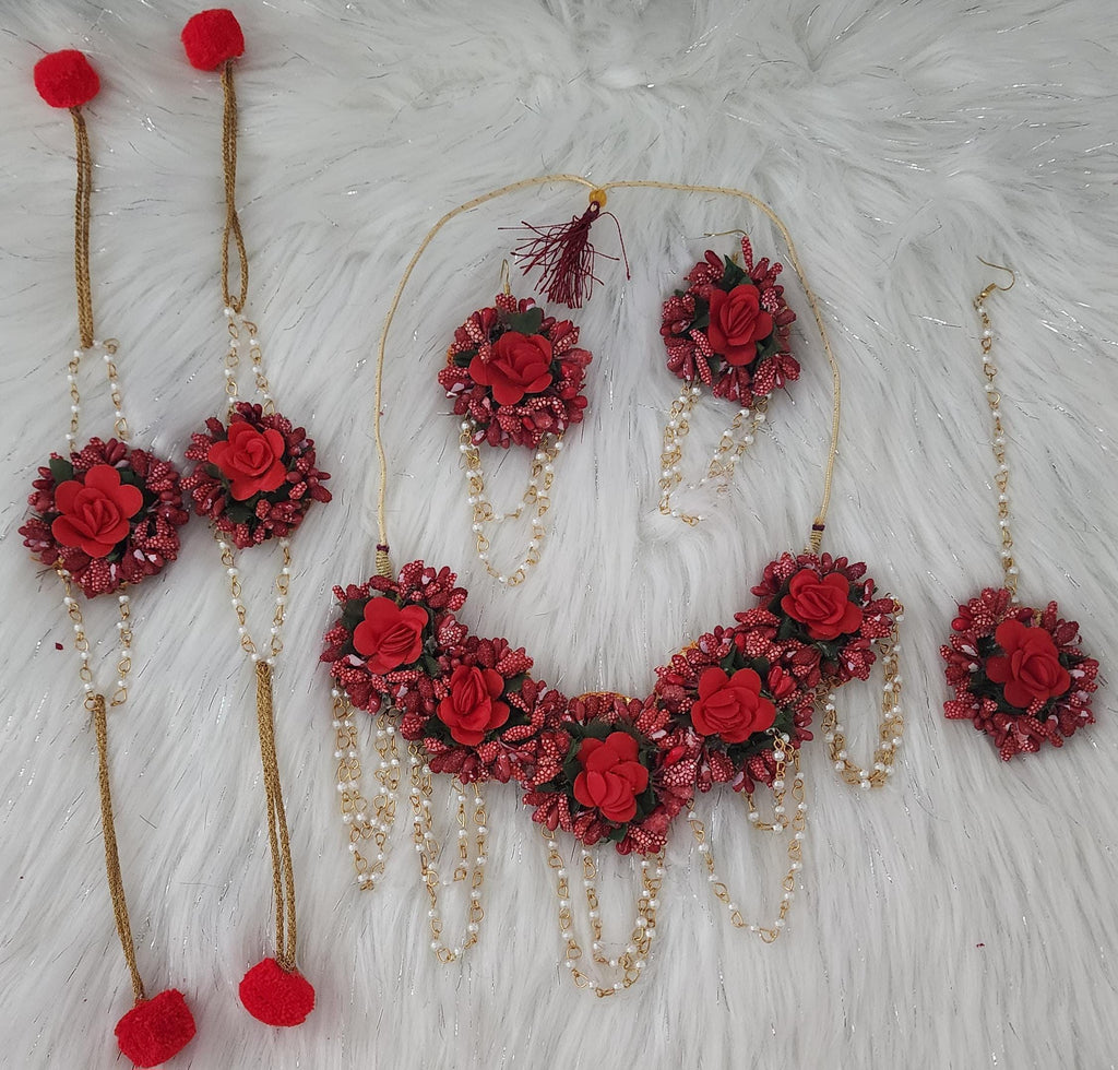 Floral Haldi Mehandi Jewelry Set: Indian Wedding Necklace, Earrings, Maang Tikka, Gajra