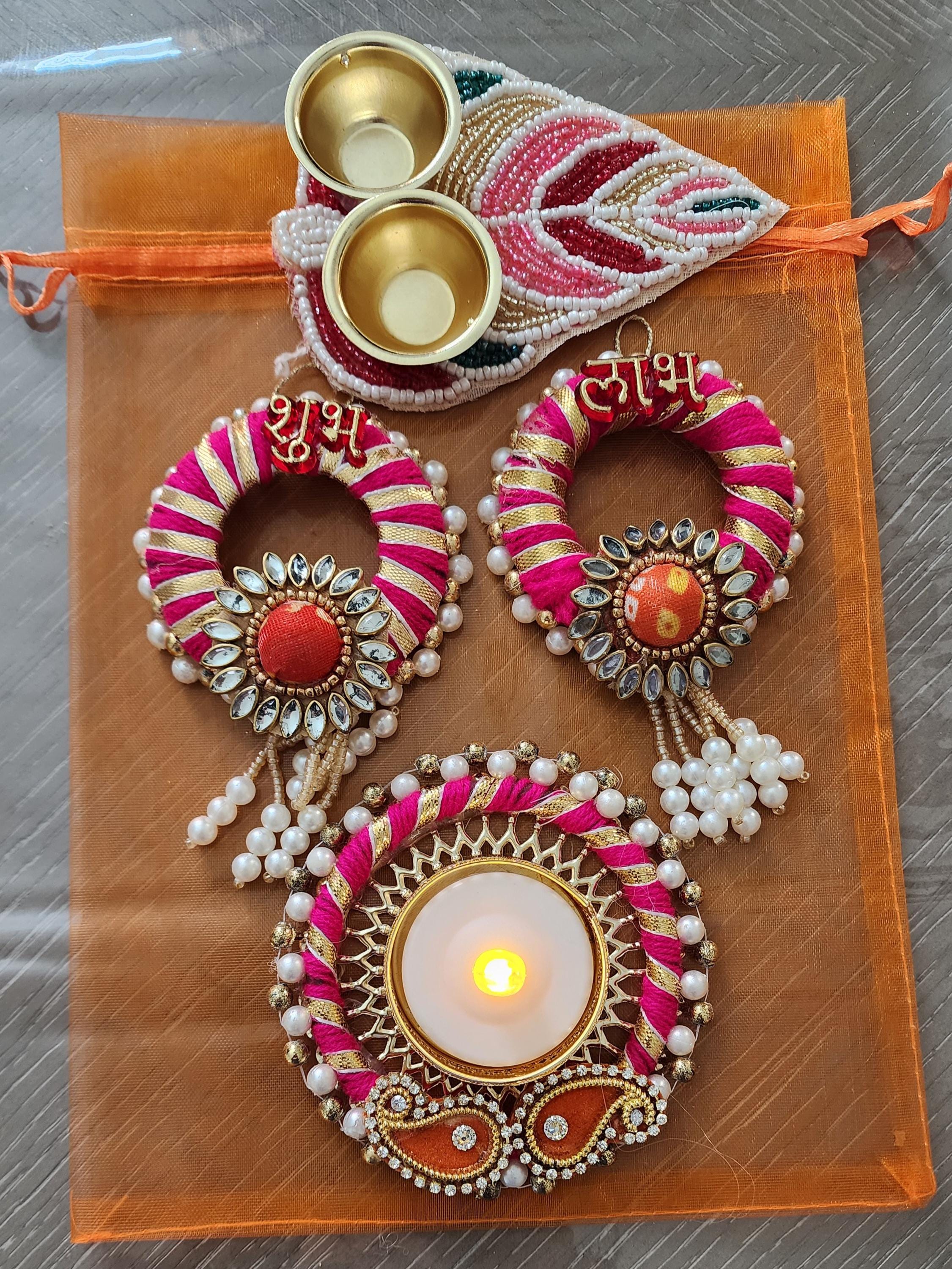 Potli Bag Set: Shubh Labh, Haldi Kumkum Plate, Diya - Indian Wedding Favors