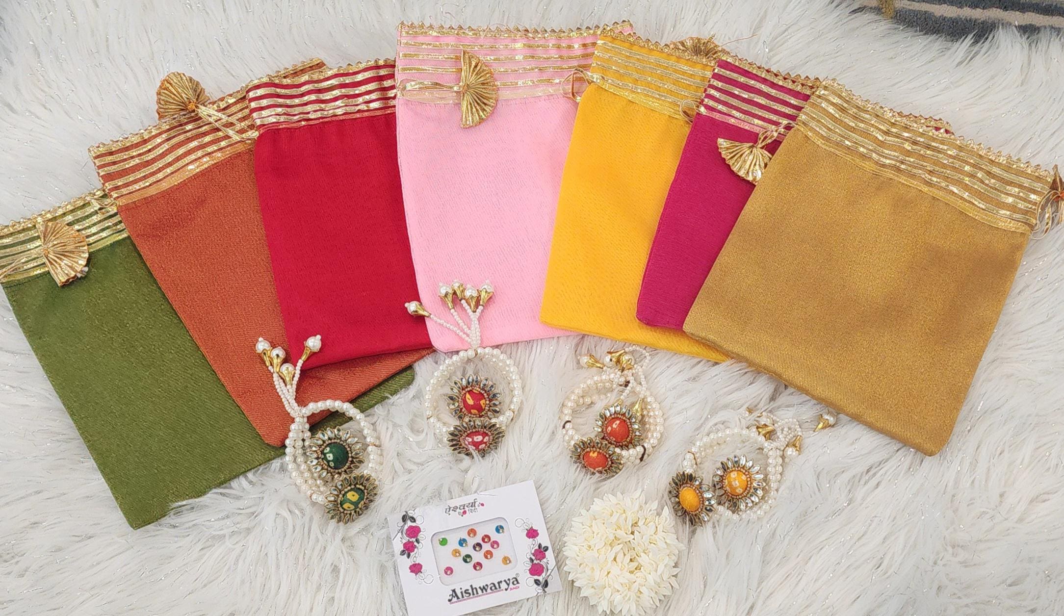 Bandhej Print Combo Set: Organza Potli Bag, Bracelet, Ring & Bindi