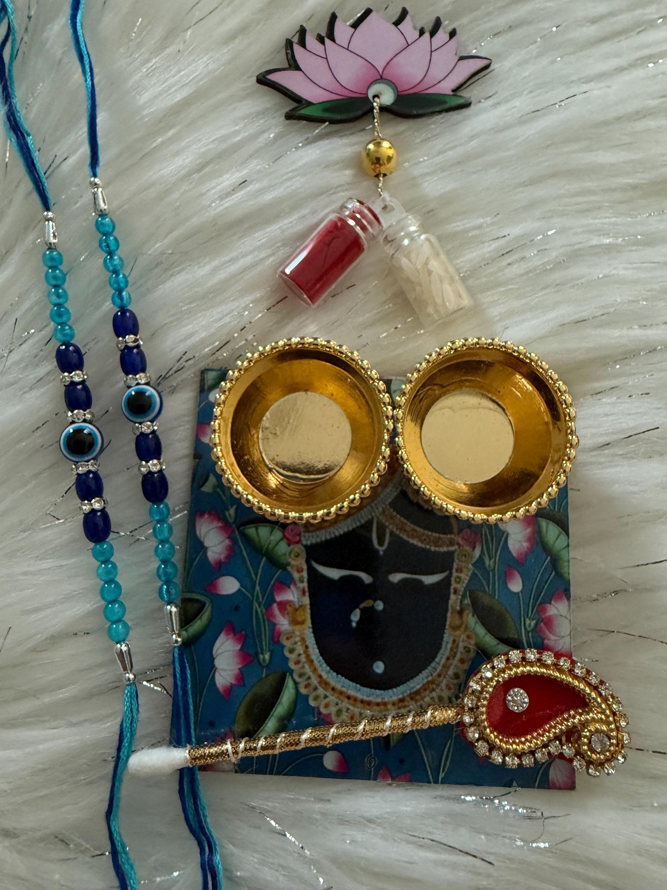 Handmade Rakhi Combo Set: Evil Eye Rakhi, Haldi Kumkum Plate