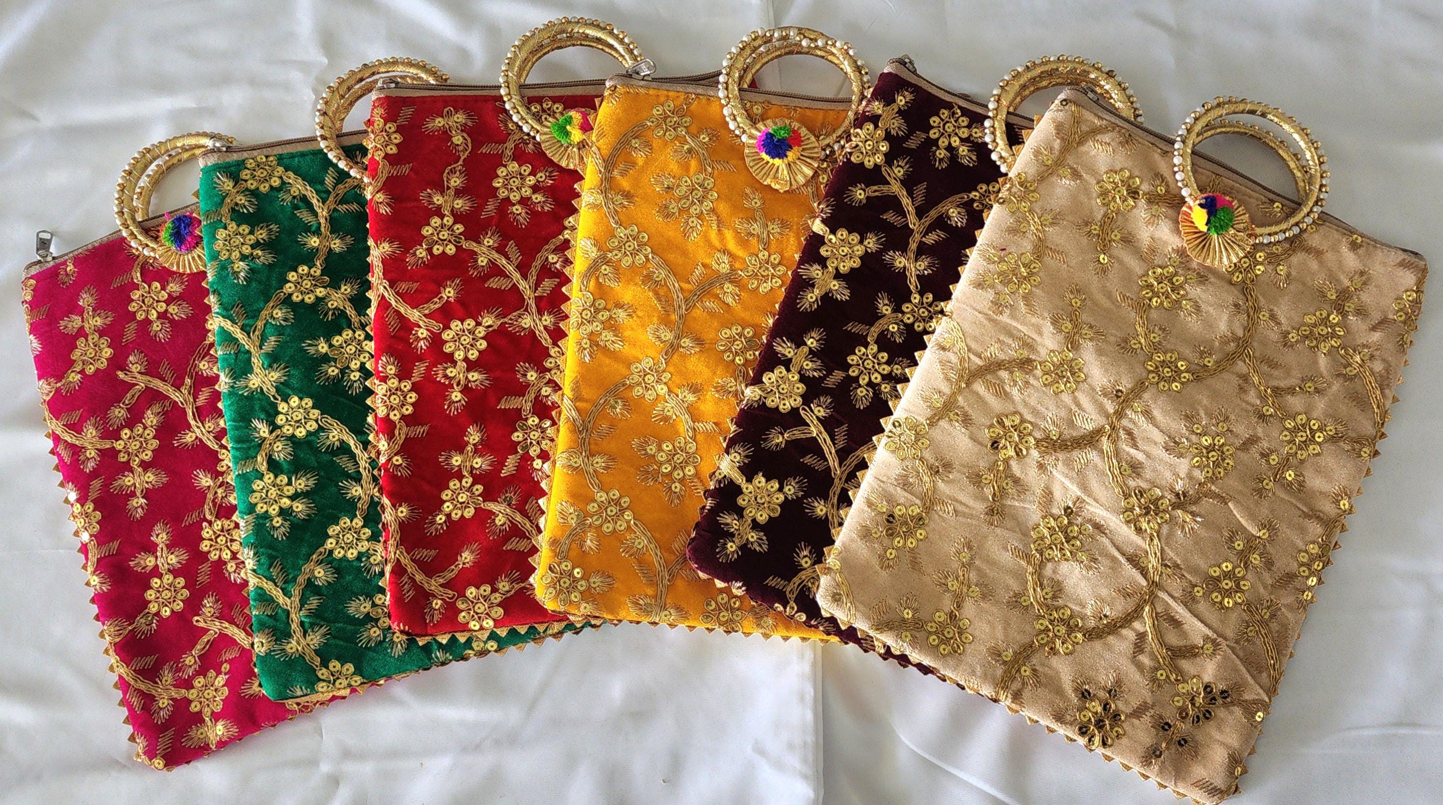 Embroidered Handmade Potli Bag with Handle and Zipper: Multicolor Floral Favor, Henna Party Gift.