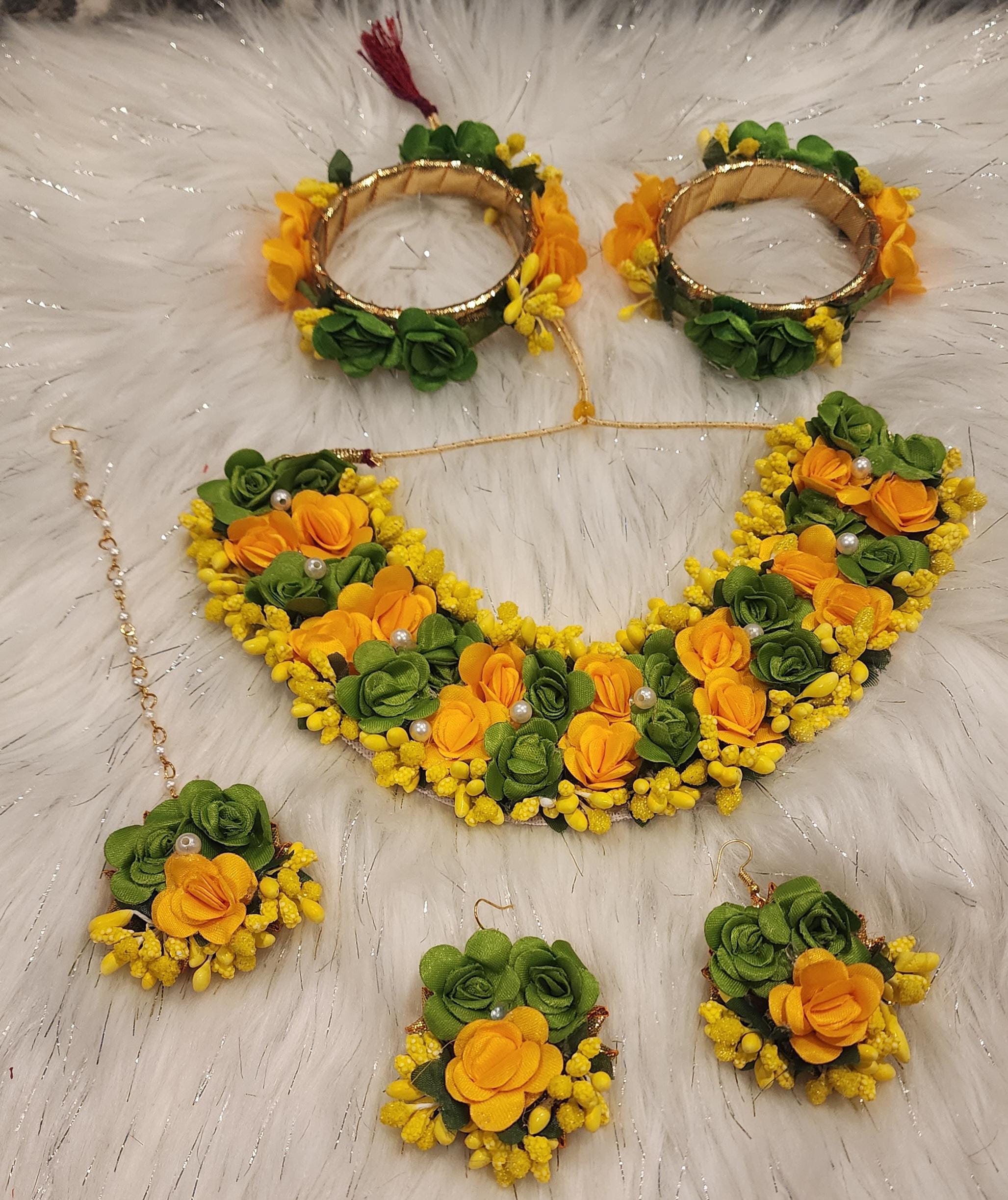 Floral Haldi Mehandi Jewelry Set: Indian Wedding Necklace, Earrings, Maang Tikka, Gajra