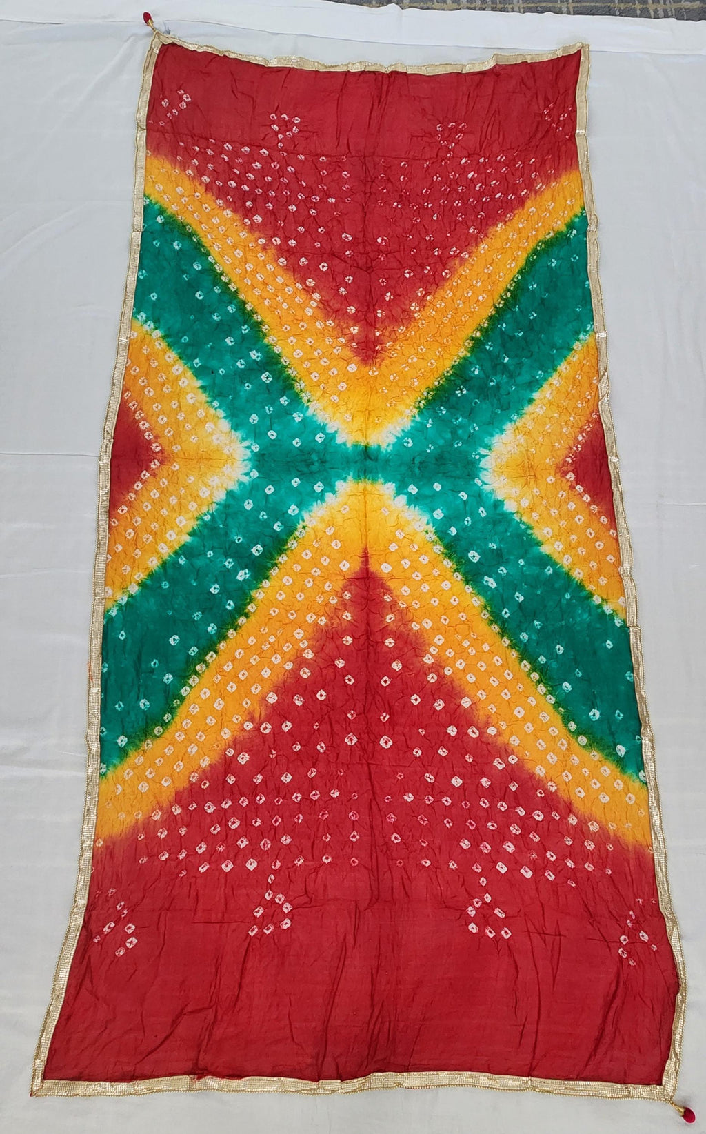 Bandhej Art Silk Dupatta: Rajasthani Golden Lace Scarf - Haldi, Mehendi, Pooja