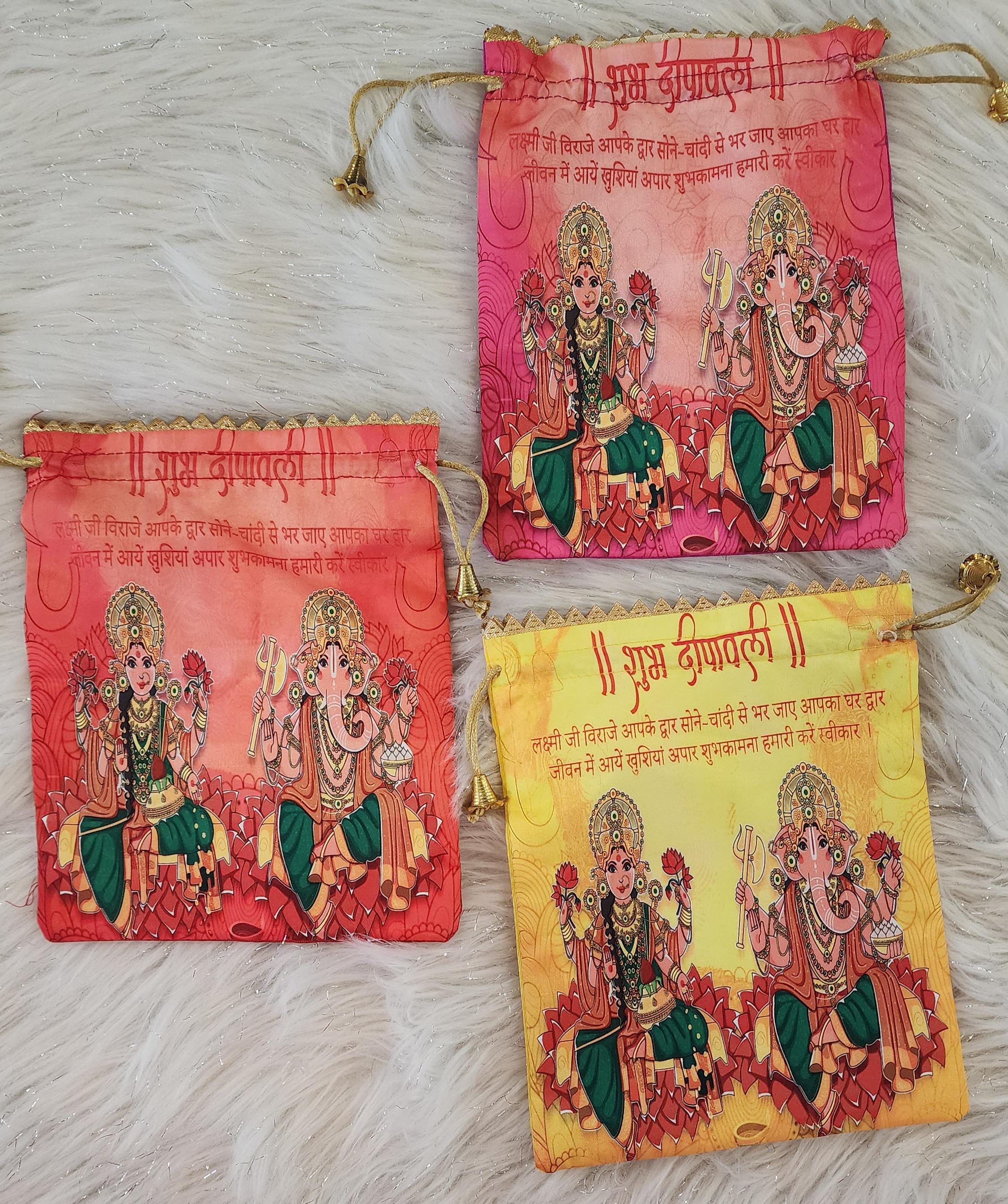 Silk Lakshmi Ganesh Printed Potli Bags: Diwali Return Gifts