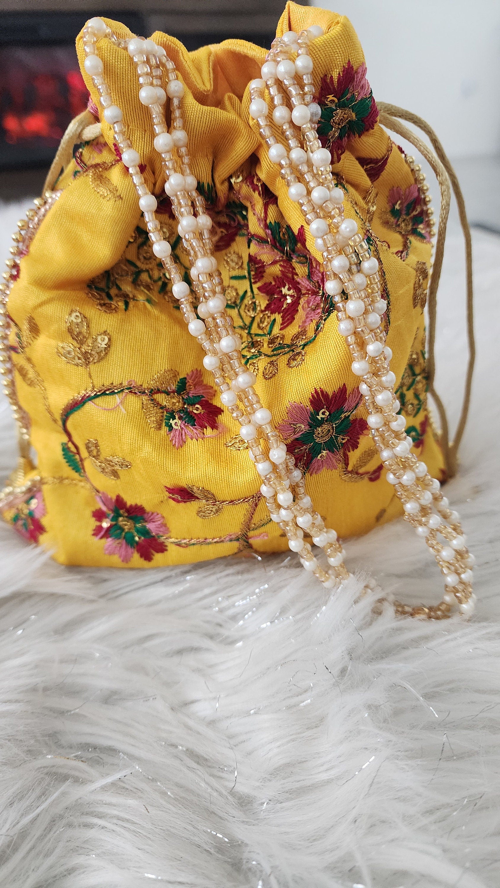 Embroidered Handmade Flower Potli Bag: Indian Wedding Favor, Henna Party Gift