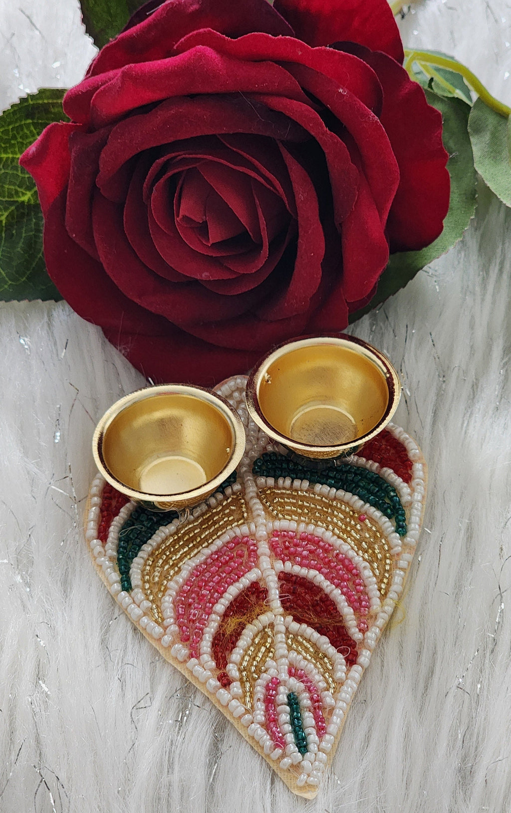 Handcrafted Beaded Leaf Haldi Kumkum Plate: Diwali Pooja Gift