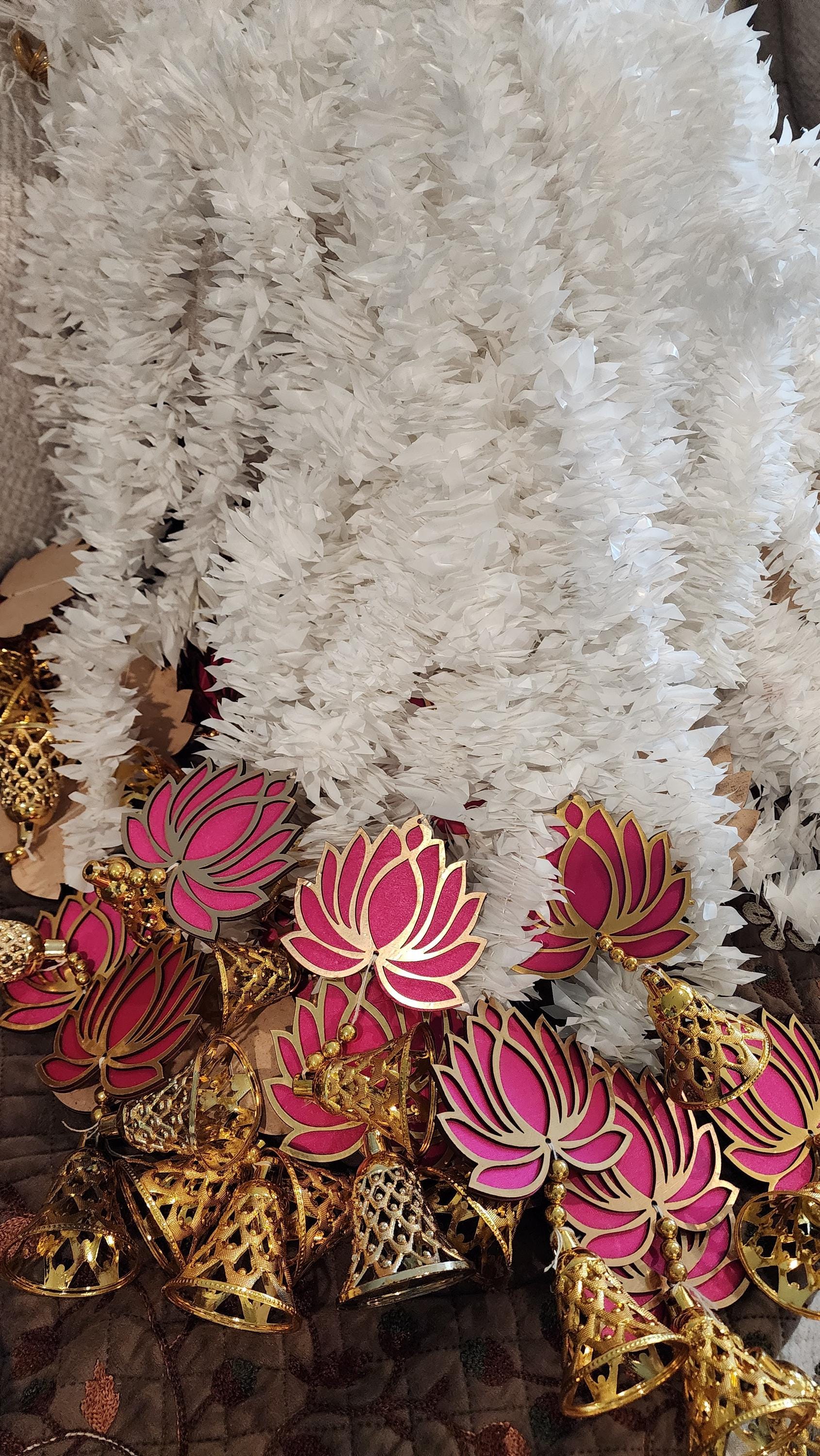 Pink Lotus Garland with Bells: Indian Wedding Diwali Decor.