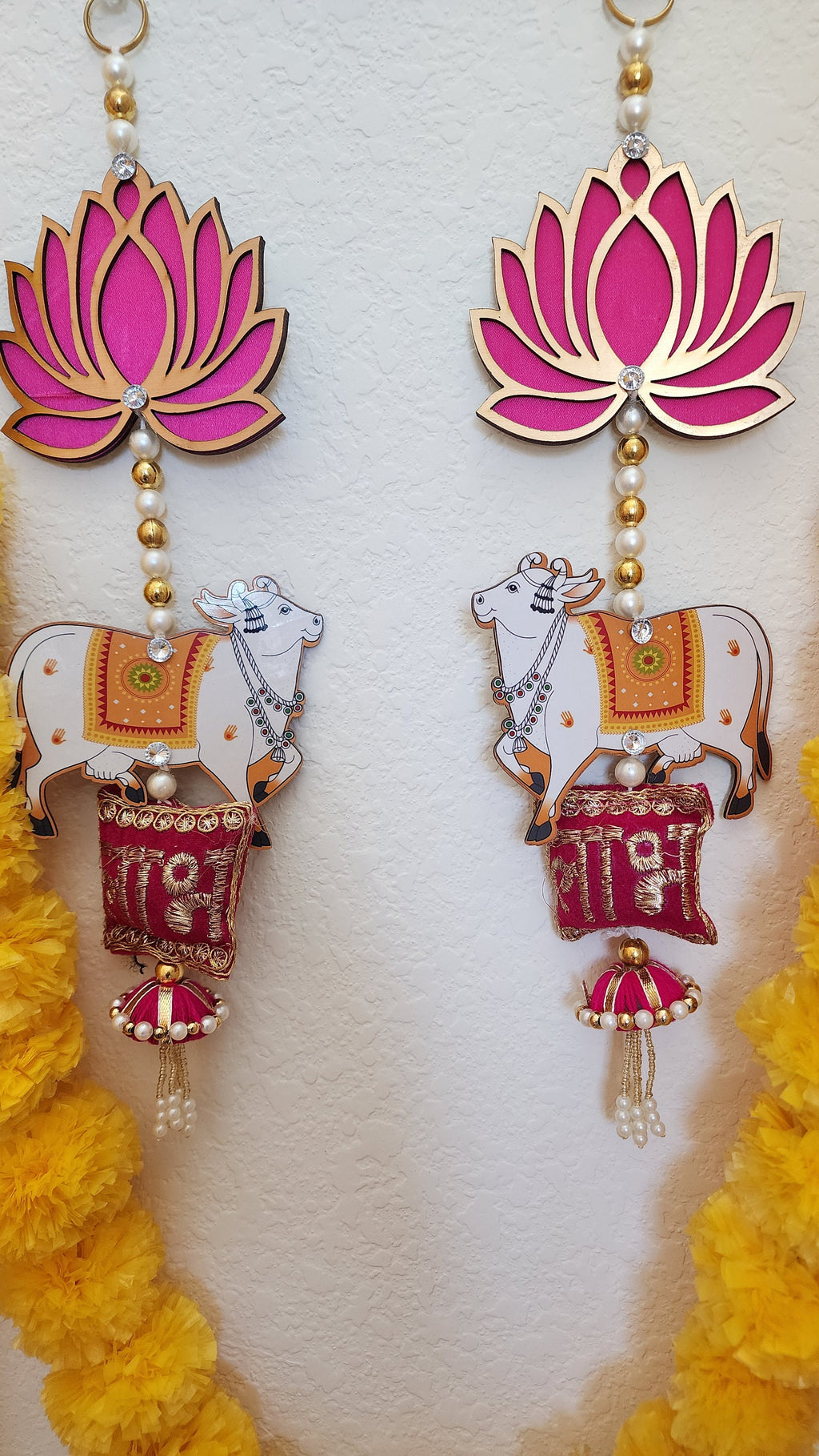 Lotus & Pichwai Cow Shubh-Labh Hanging Pair: Indian Decor