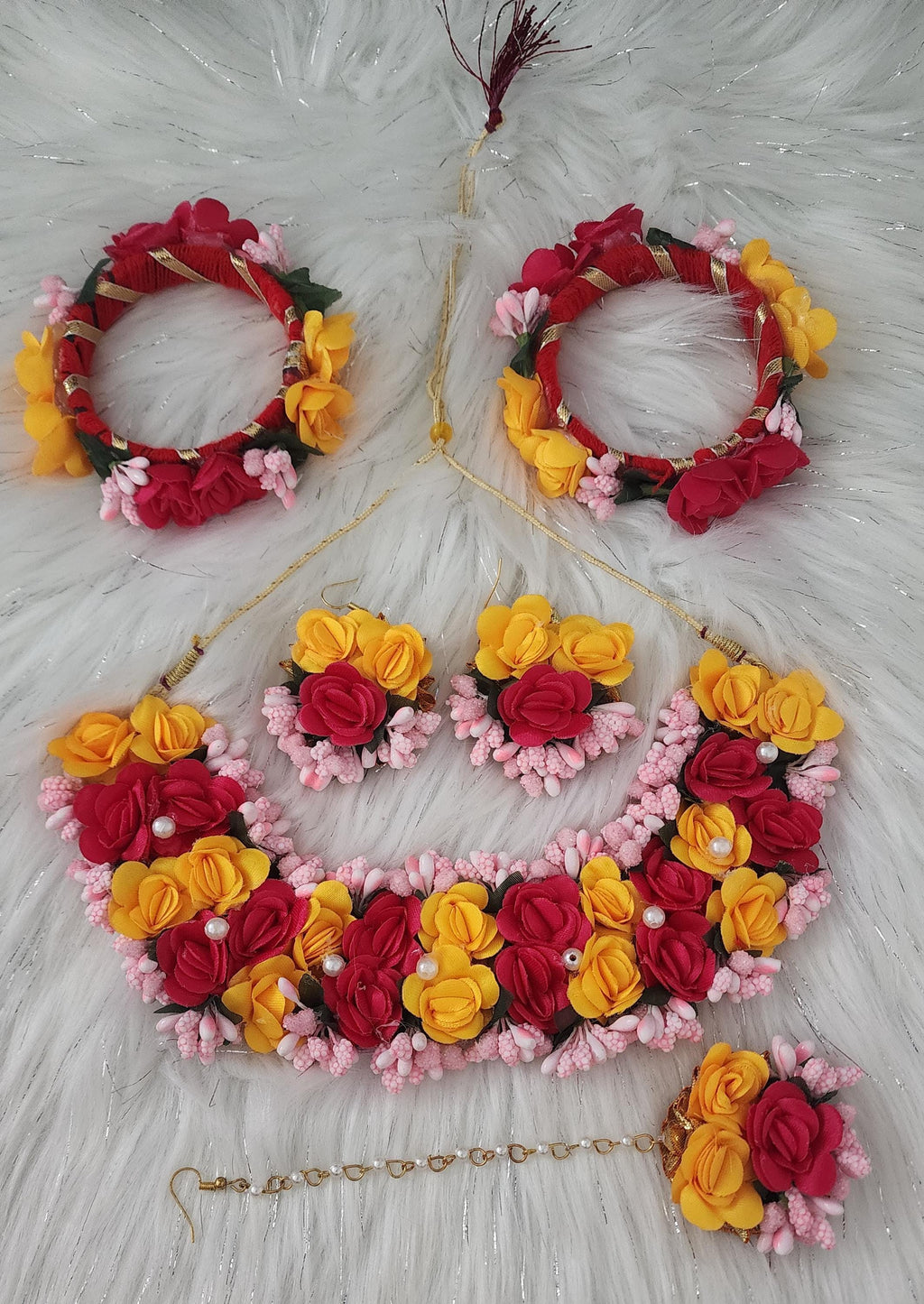 Floral Haldi Mehandi Jewelry Set: Necklace, Earrings, Maang Tikka & Hand Gajra