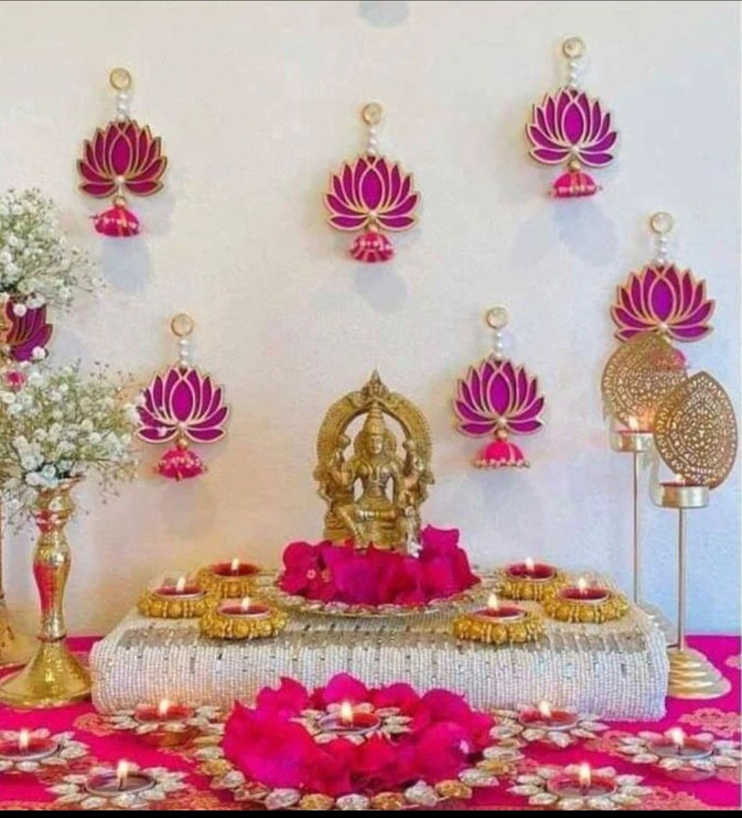 Red Wooden Lotus Hanging Pair: Indian Wedding Diwali Decor