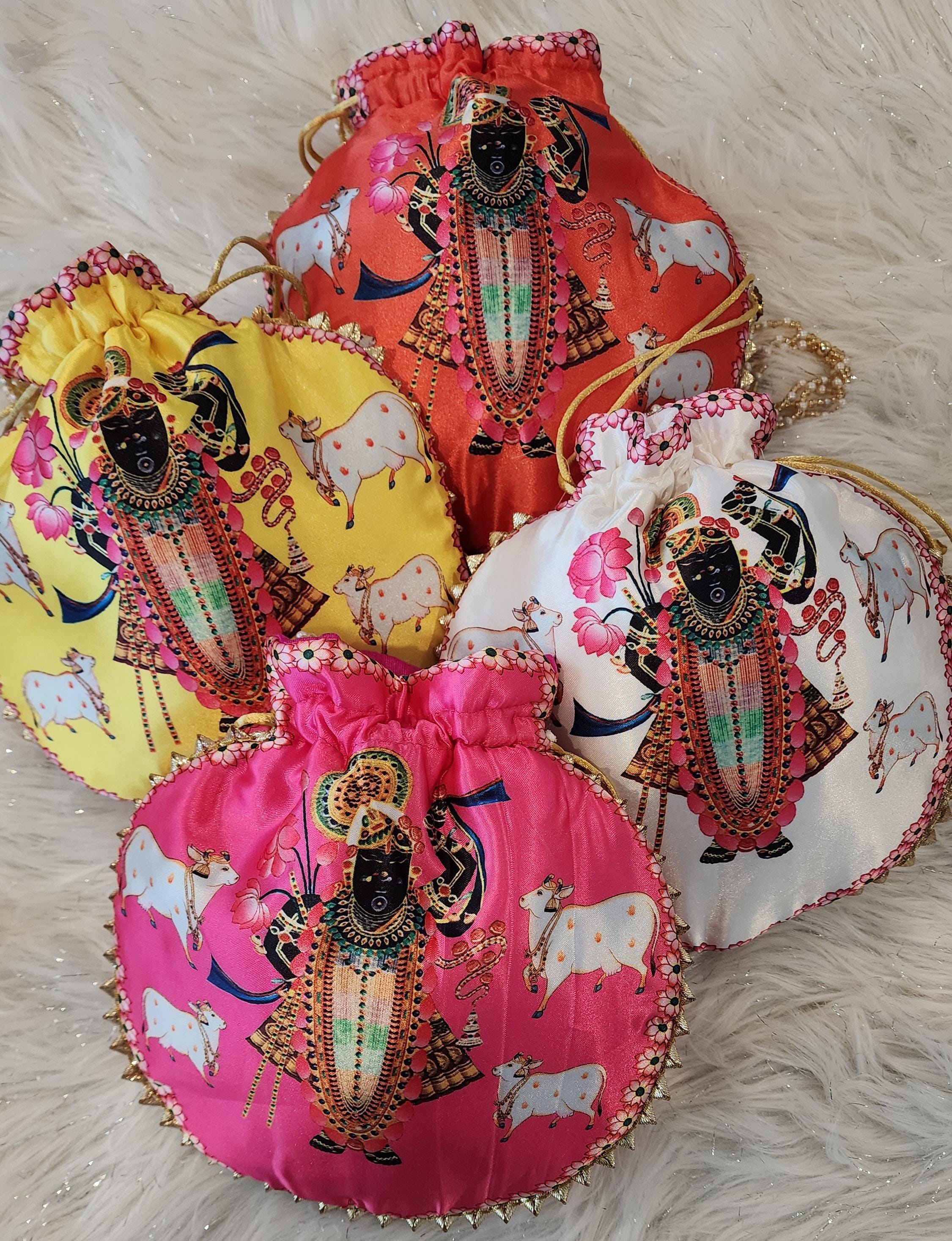 Shreenath ji God Potli Bag: Embroidered Silk Clutch, Indian Wedding Favor.