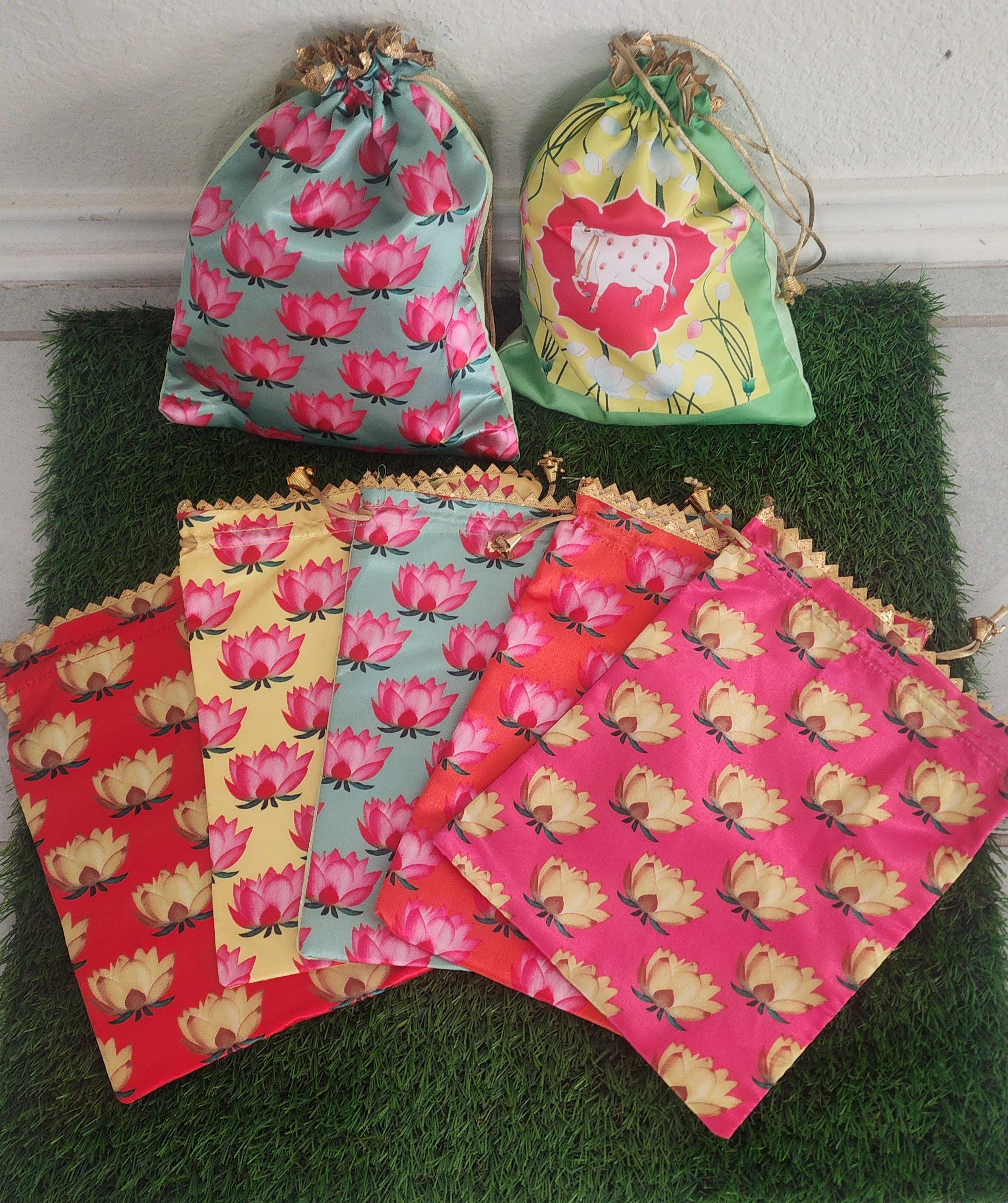 Lotus Cow Pichwai Print Silk Potli Bags: Wedding Favor Gifts