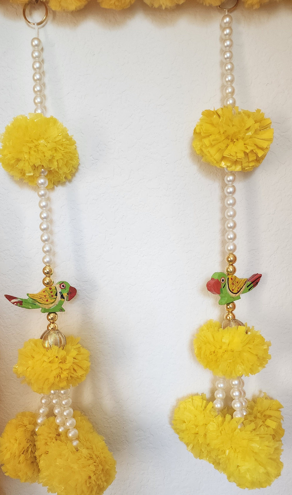 Yellow Marigold & Parrot String Wall Hanging: Indian Diwali Decor