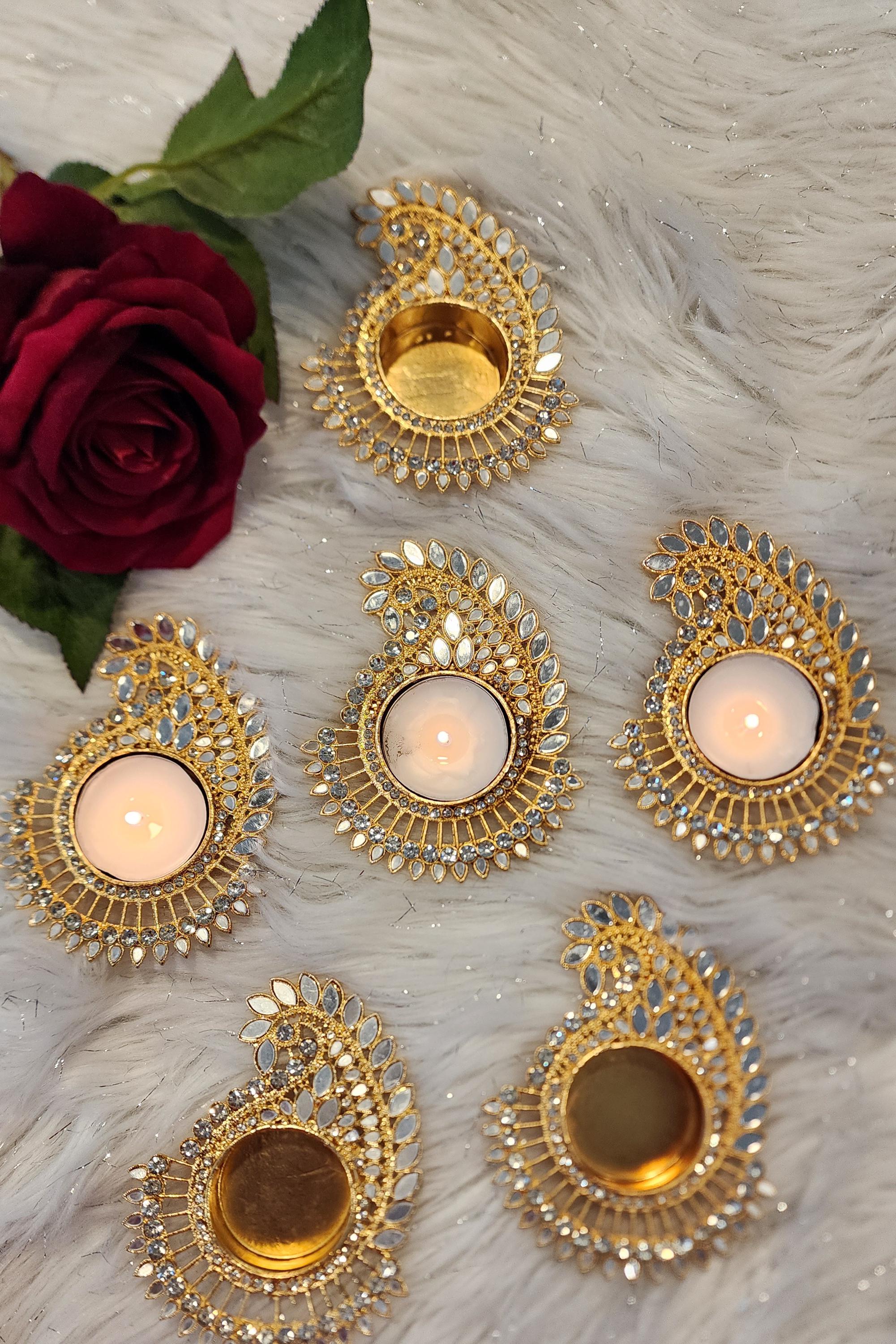 Decorative Handmade Tea Light Holder: Golden Diwali Pooja Candle Holder.