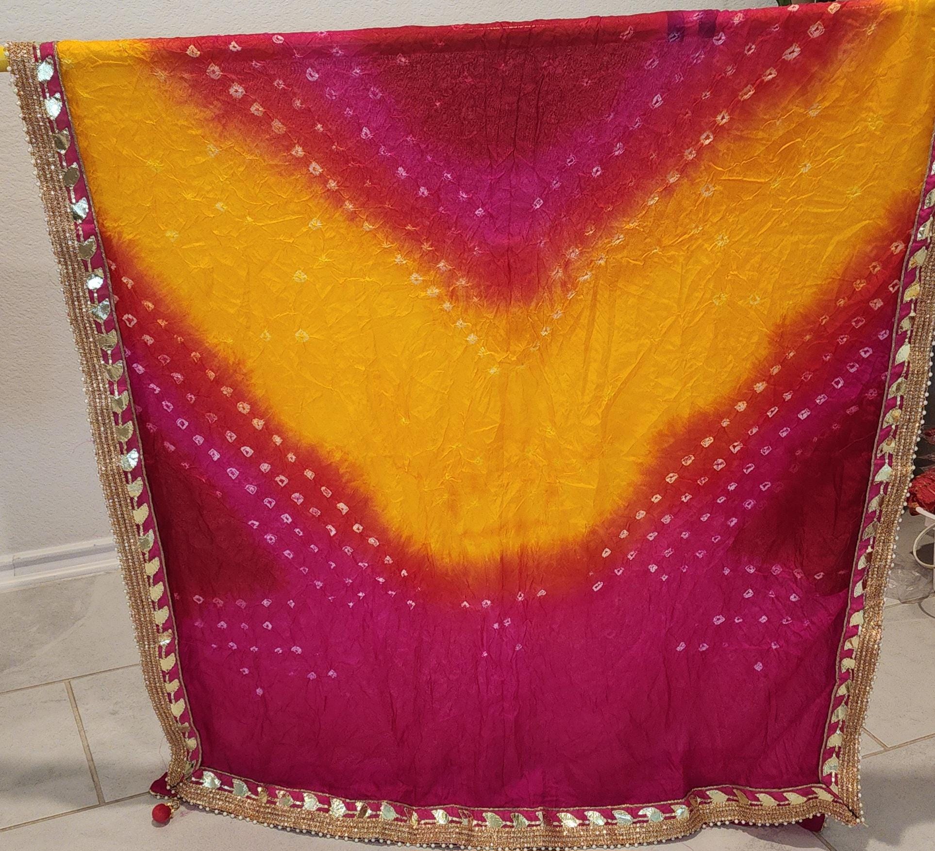 Bandhani Art Silk Dupatta: Rajasthani Gota Pati Wedding Scarf.
