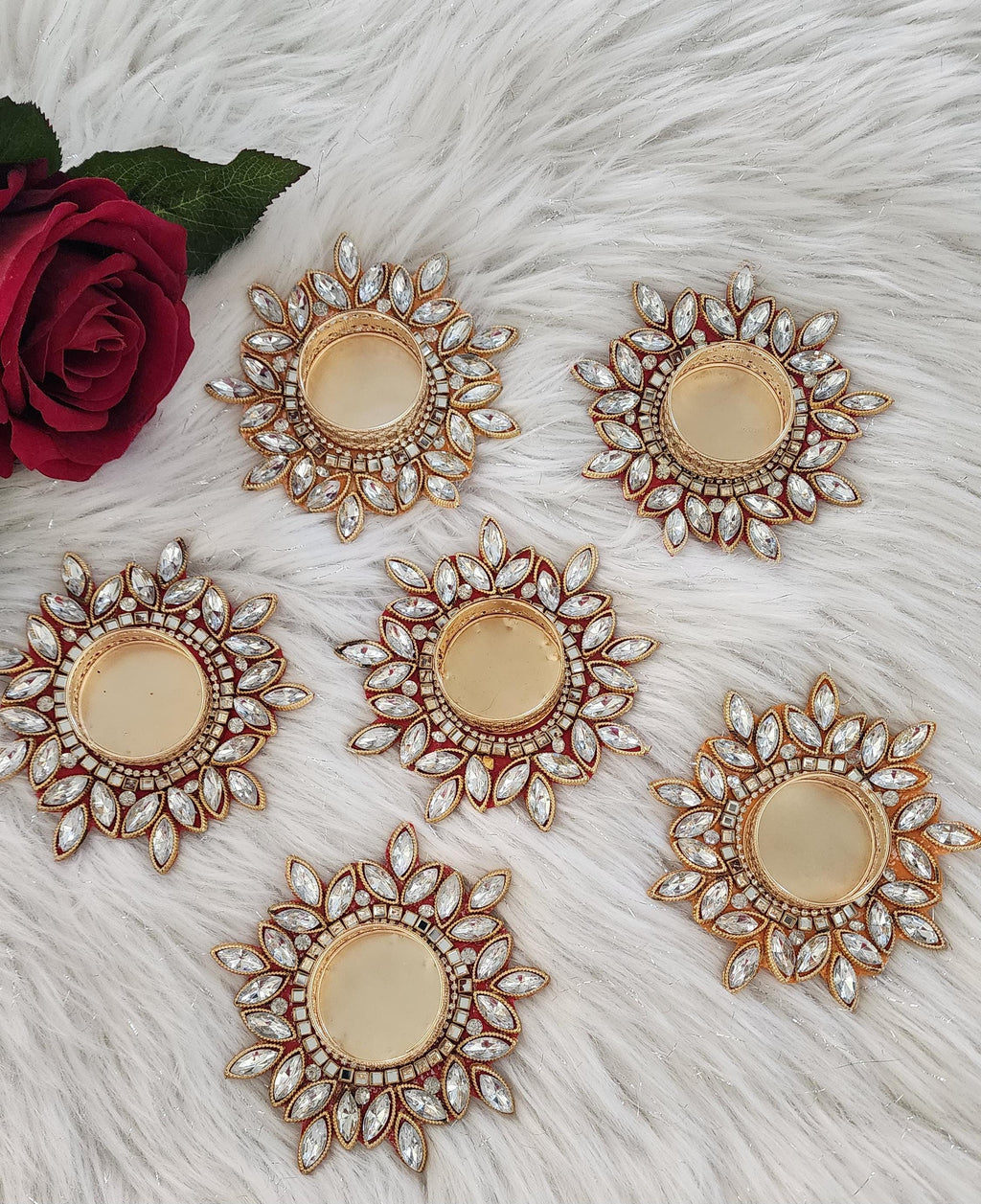 Kundan Tea Light Holder: Golden Diwali Pooja Decor, Wedding Favor