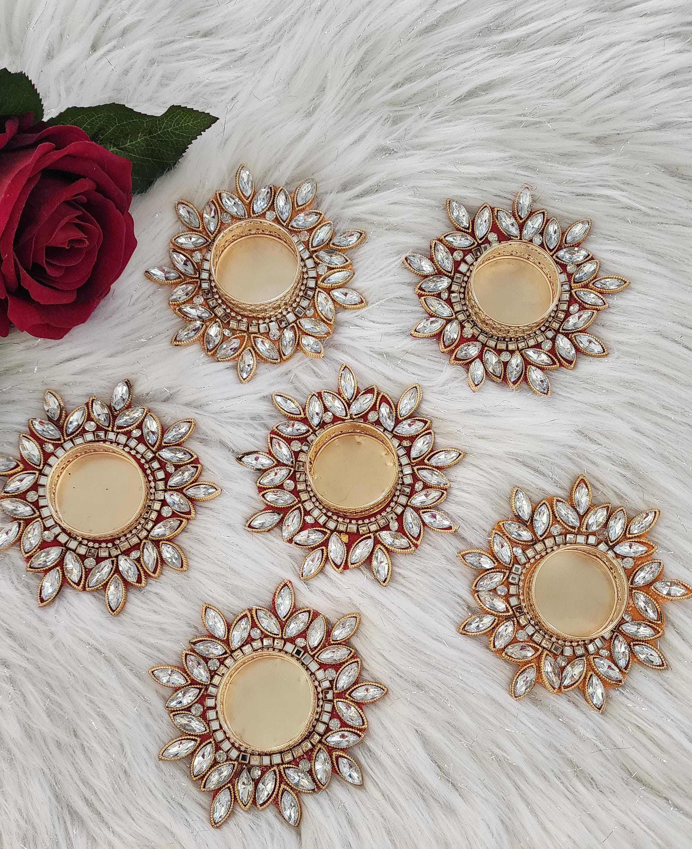 Kundan Tea Light Holder: Golden Diwali Pooja Decor, Wedding Favor