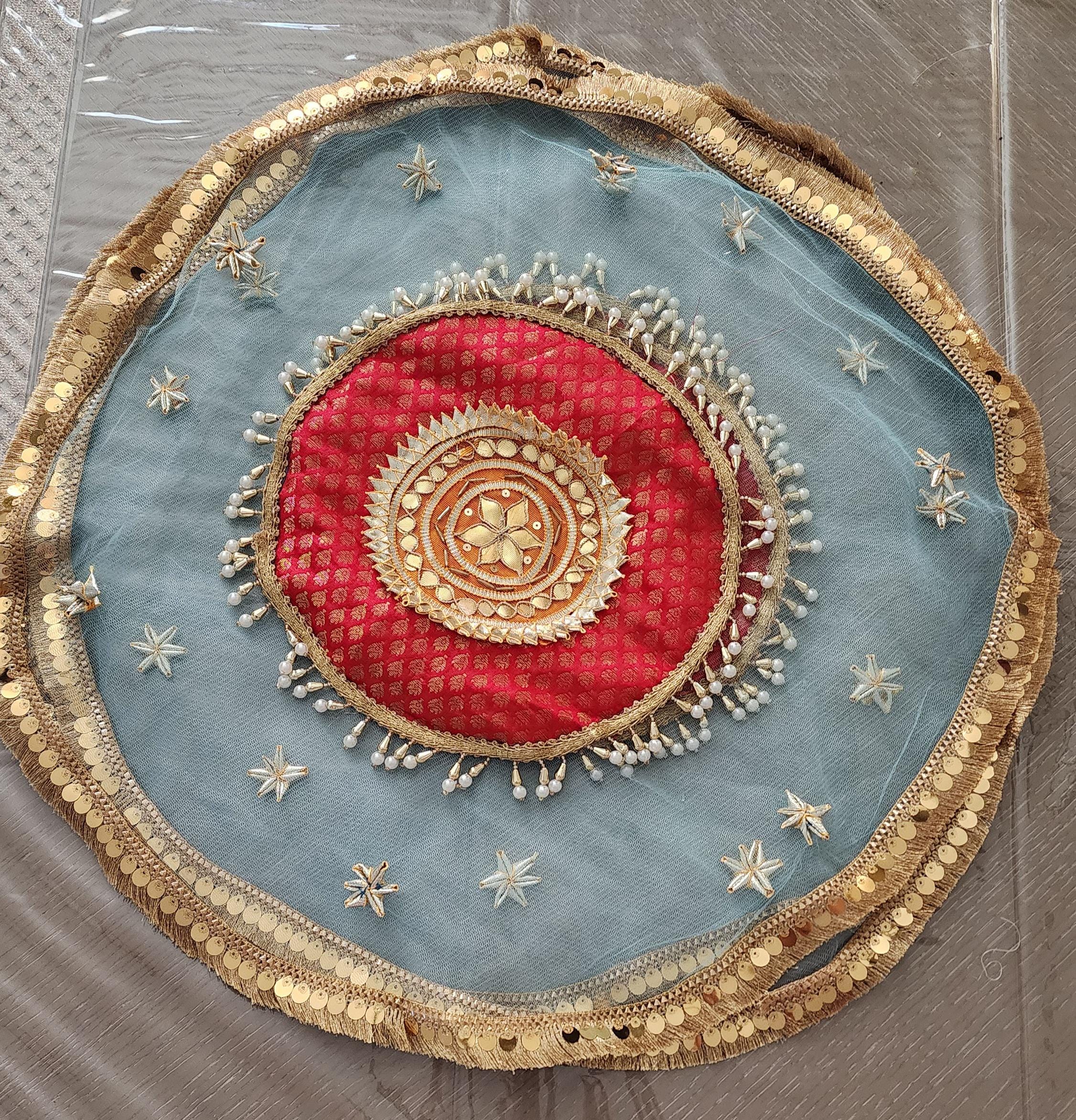 Handmade Organza Thali Cover: Indian Wedding Decor, Gota Embellished (21 inches)
