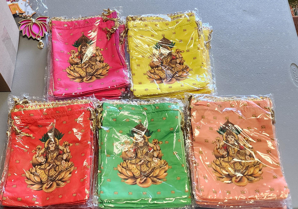 Lakshmi Print Silk Potli Bags - Hindu Wedding Favor Bags.